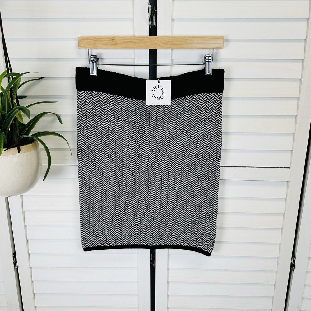 New Lili Sidonio Molly Bracken Knit Pencil Skirt Black White Herringbone Size S
